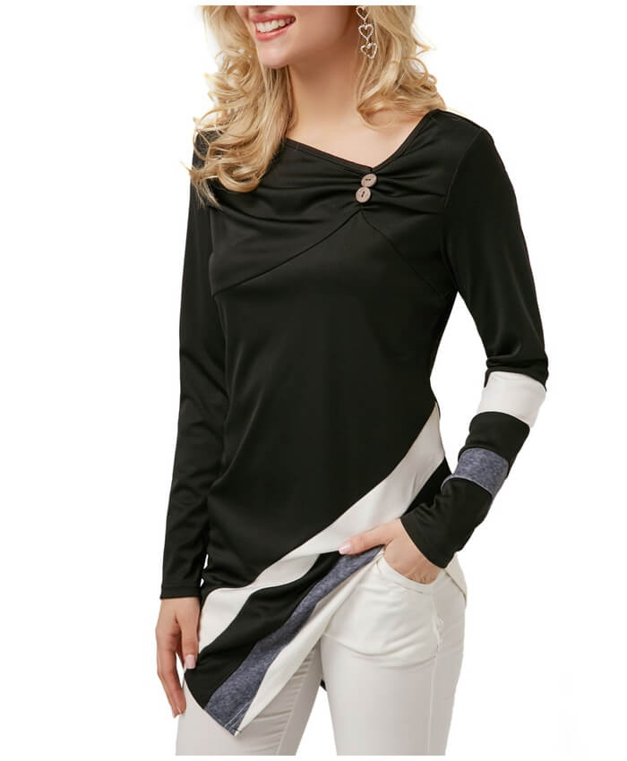 Asymmetric Hem Patchwork Long Sleeve T Shirt